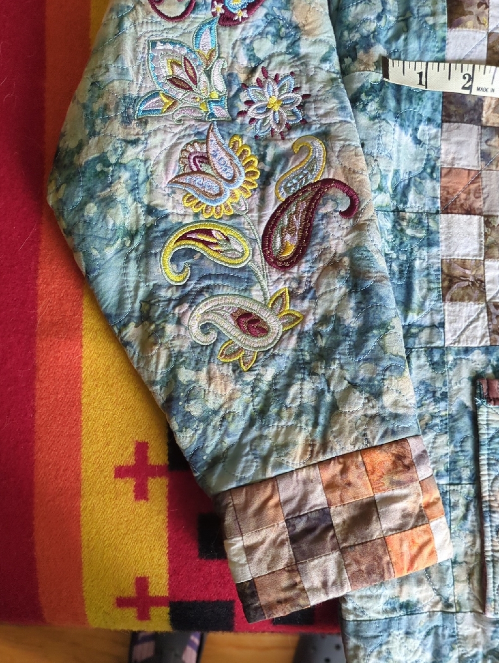 Embroidered Patchwork Quilted Jacket in Blue and Brown - Picture 3 of 5